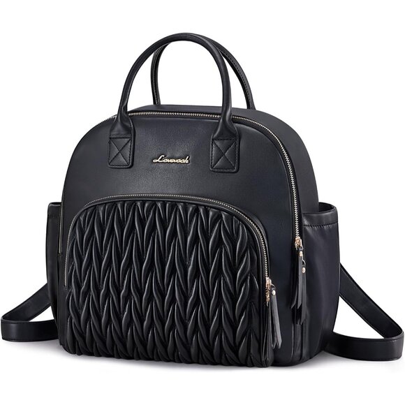 Handbags - Black Faux Leather Women's Small Stylish Waterproof Daypack Backpack for Travel